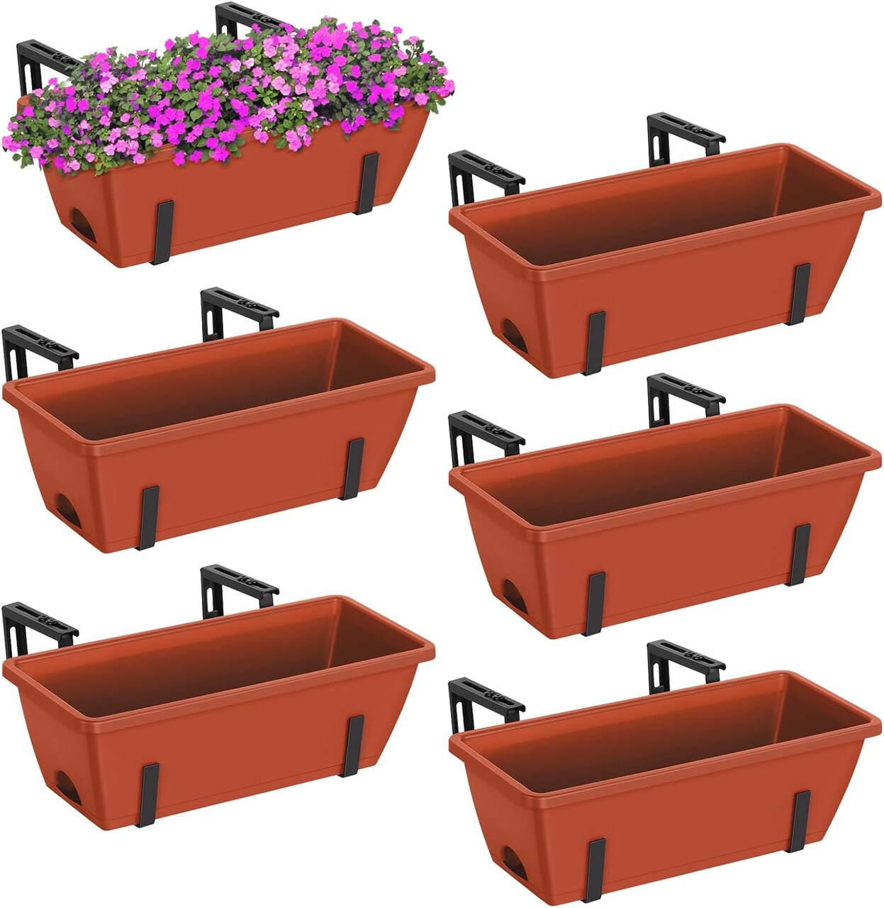 6pcs Railing Planter Box Deck 17 Inch Window Hanging Planters Boxes with Adjustable Brackets for Outdoor Balcony Railing Flower Boxes Red